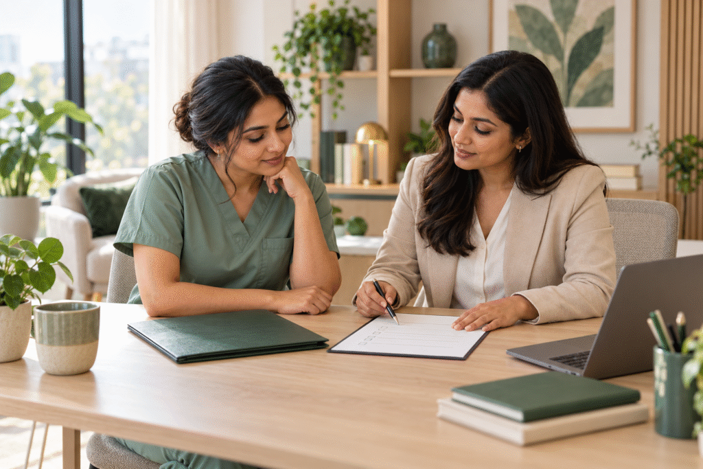 AI-generated illustration of a healthcare professional discussing documents with an adviser