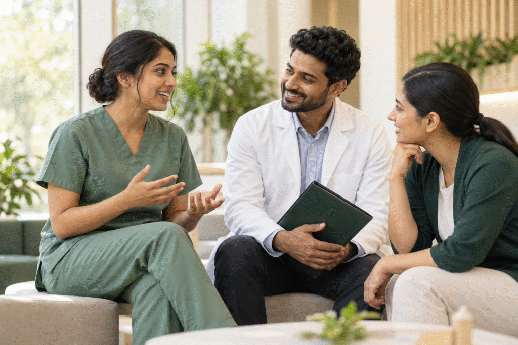 AI-generated illustration of healthcare professionals discussing career plans; not OHC staff or clients
