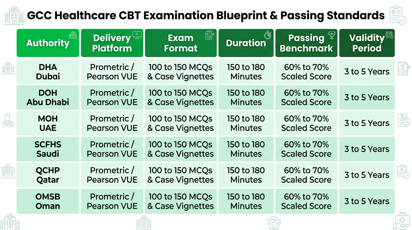 GCC Healthcare CBT Examination Blueprint and Passing Standards Matrix