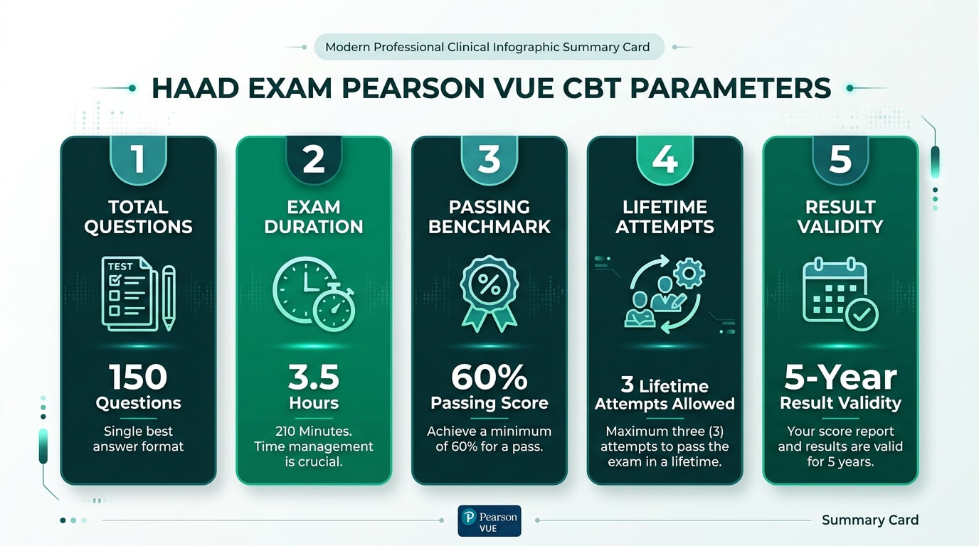 HAAD Exam Pearson VUE CBT Blueprint Parameters - 150 Questions, 3.5 Hours, 60% Passing Score