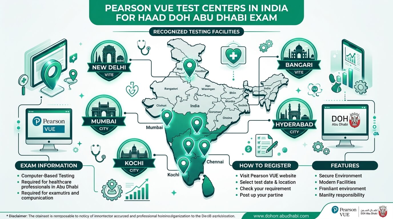 Pearson VUE Test Centers across India for HAAD DOH Abu Dhabi Exam - Bangalore, Hyderabad, Chennai, Mumbai, Delhi, Kochi