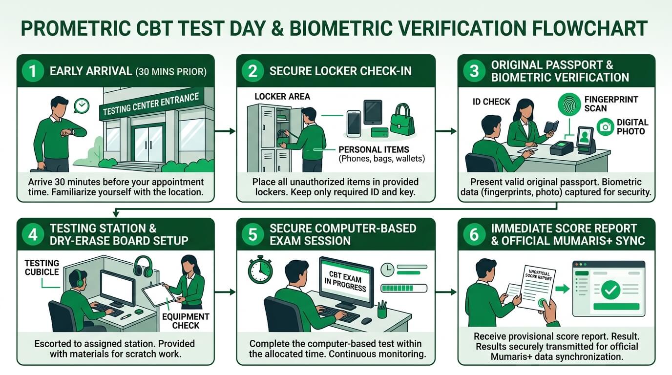 Prometric CBT Test-Day Verification Flowchart