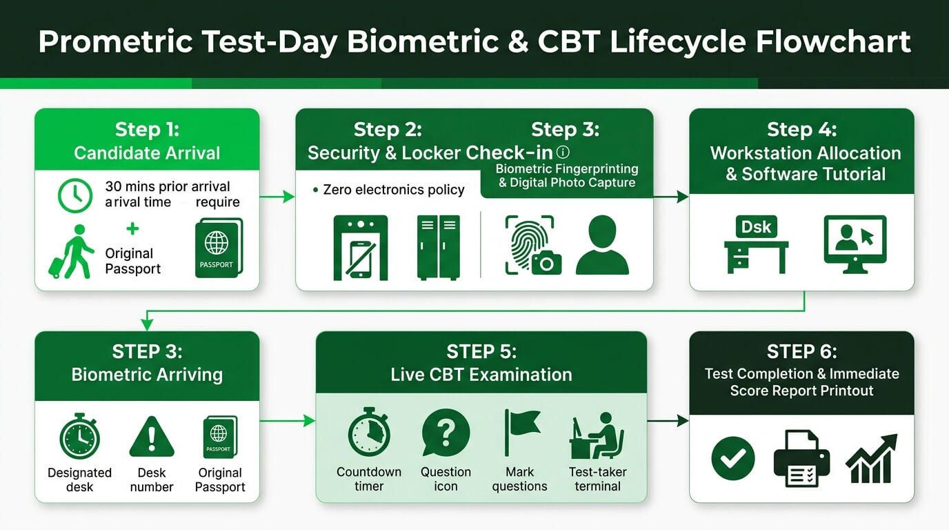 Prometric Test-Day Biometric Authentication and CBT Lifecycle Flowchart