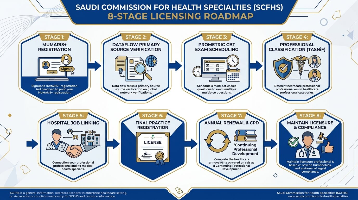 Official Saudi Commission for Health Specialties (SCFHS) 8-Stage Professional Licensing Roadmap