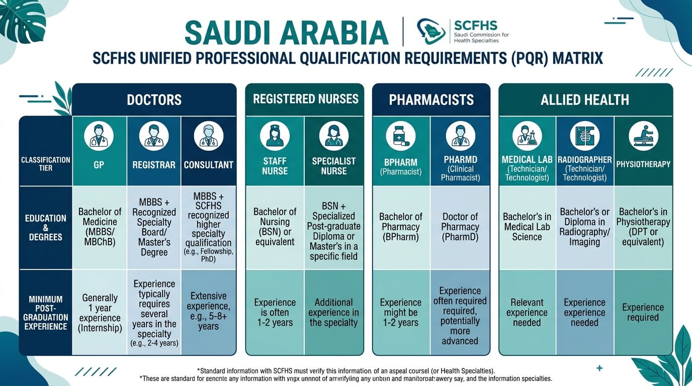 Saudi SCFHS Unified PQR Eligibility Criteria Matrix