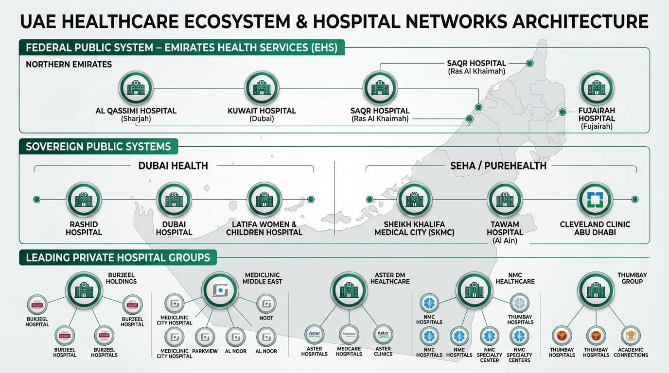 UAE Major Hospital Systems & Healthcare Networks Architecture Across 7 Emirates