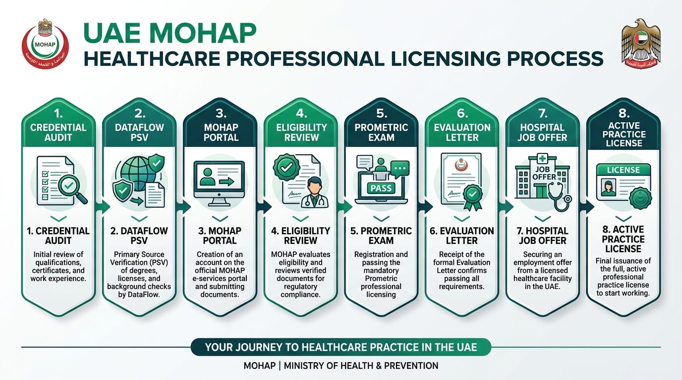 UAE MOH License 8-Step Verification and Licensing Process Flowchart